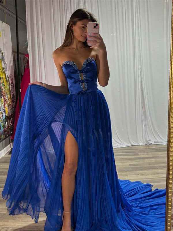 Royal Blue Strapless A-Line Prom Dress With Jeweled Bodice