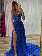 Royal Blue Strapless A-Line Prom Dress With Jeweled Bodice