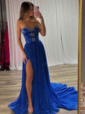 Royal Blue Strapless A-Line Prom Dress With Jeweled Bodice