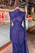 Royal Blue Sequin Beaded Lace Mermaid Evening Dress High Neck Long Sleeves