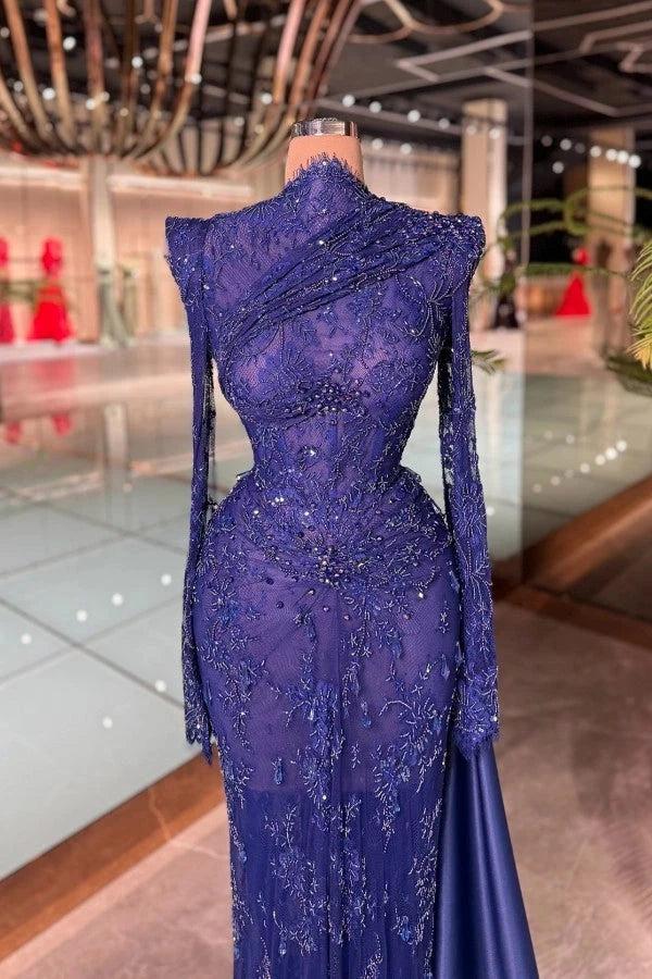 Royal Blue Sequin Beaded Lace Mermaid Evening Dress High Neck Long Sleeves