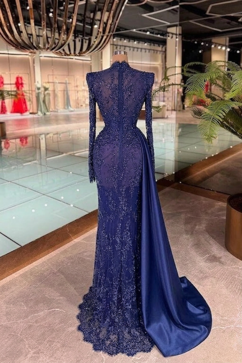 Royal Blue Sequin Beaded Lace Mermaid Evening Dress High Neck Long Sleeves