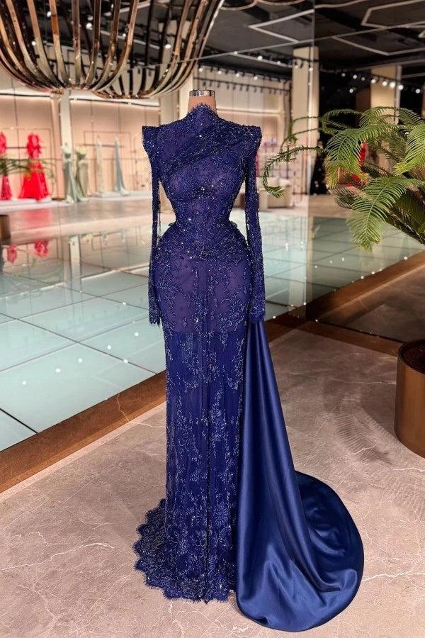 Royal Blue Sequin Beaded Lace Mermaid Evening Dress High Neck Long Sleeves
