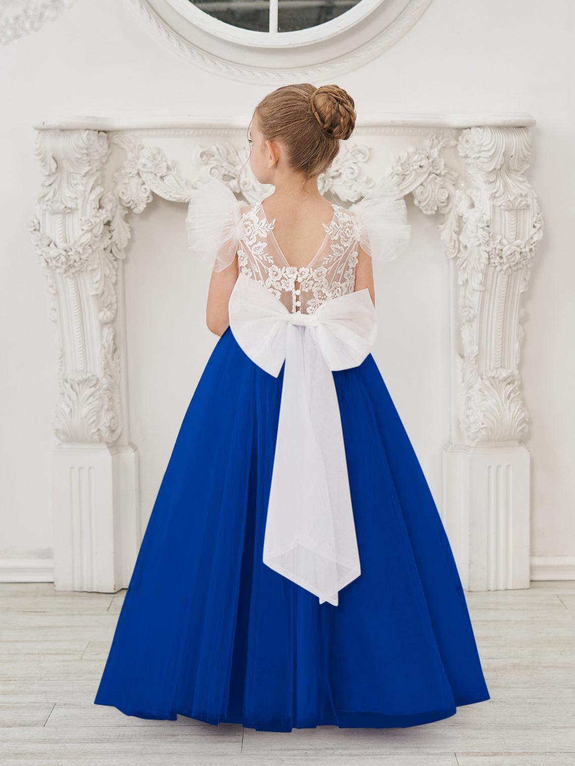 Detachable Lace Tulle Flower Girl Dress With Bow And Sweep Train