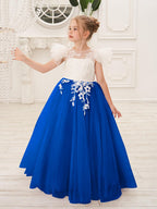 Detachable Lace Tulle Flower Girl Dress With Bow And Sweep Train