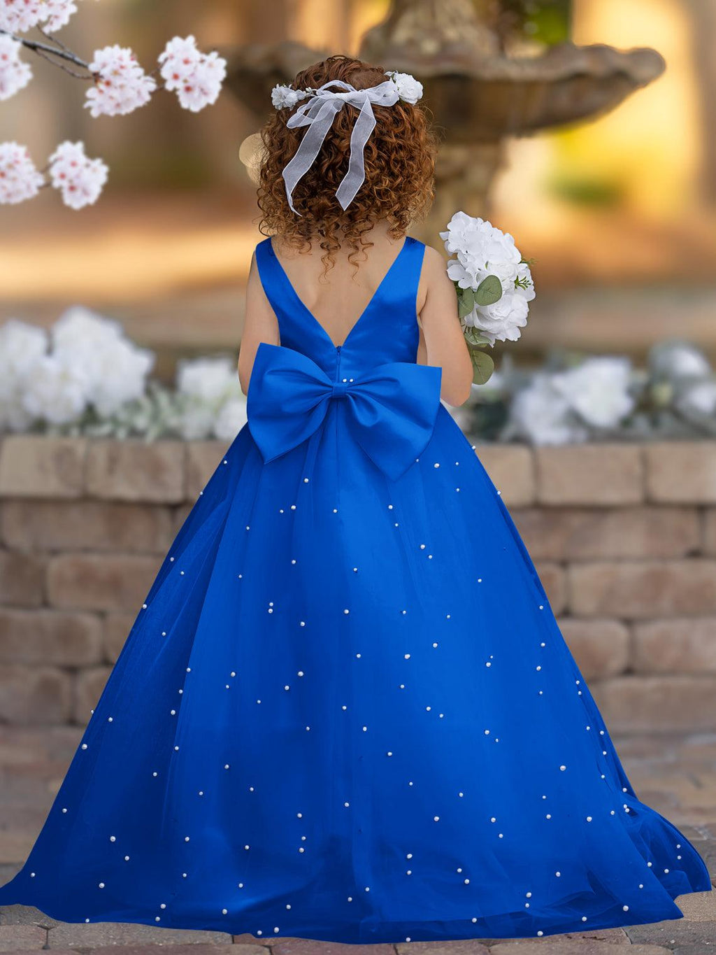 Floor Length V Neck Satin Tulle Princess Flower Girl Dress