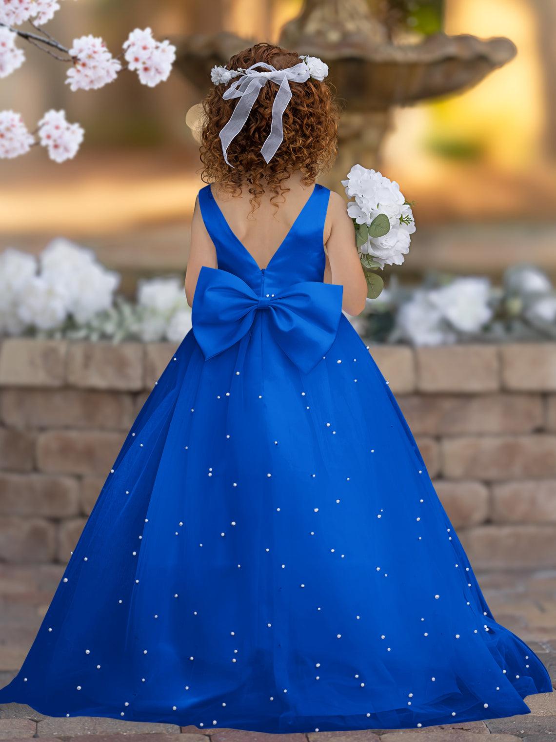 Floor Length V Neck Satin Tulle Princess Flower Girl Dress