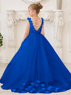 Elegant White Tulle Flower Girl Applique Lace Dress With Sweep Train