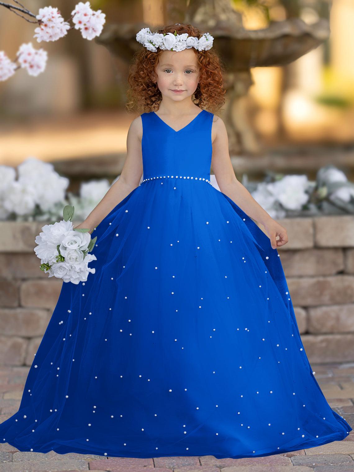 Floor Length V Neck Satin Tulle Princess Flower Girl Dress