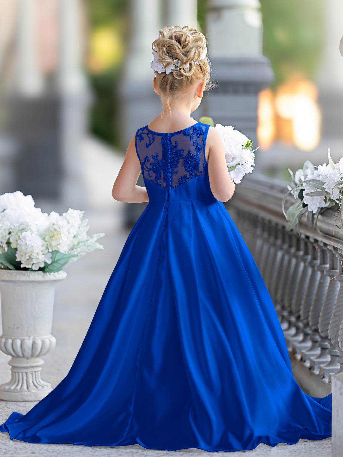 Robe de demoiselle d'honneur de première communion en satin et dentelle coupe A-line 