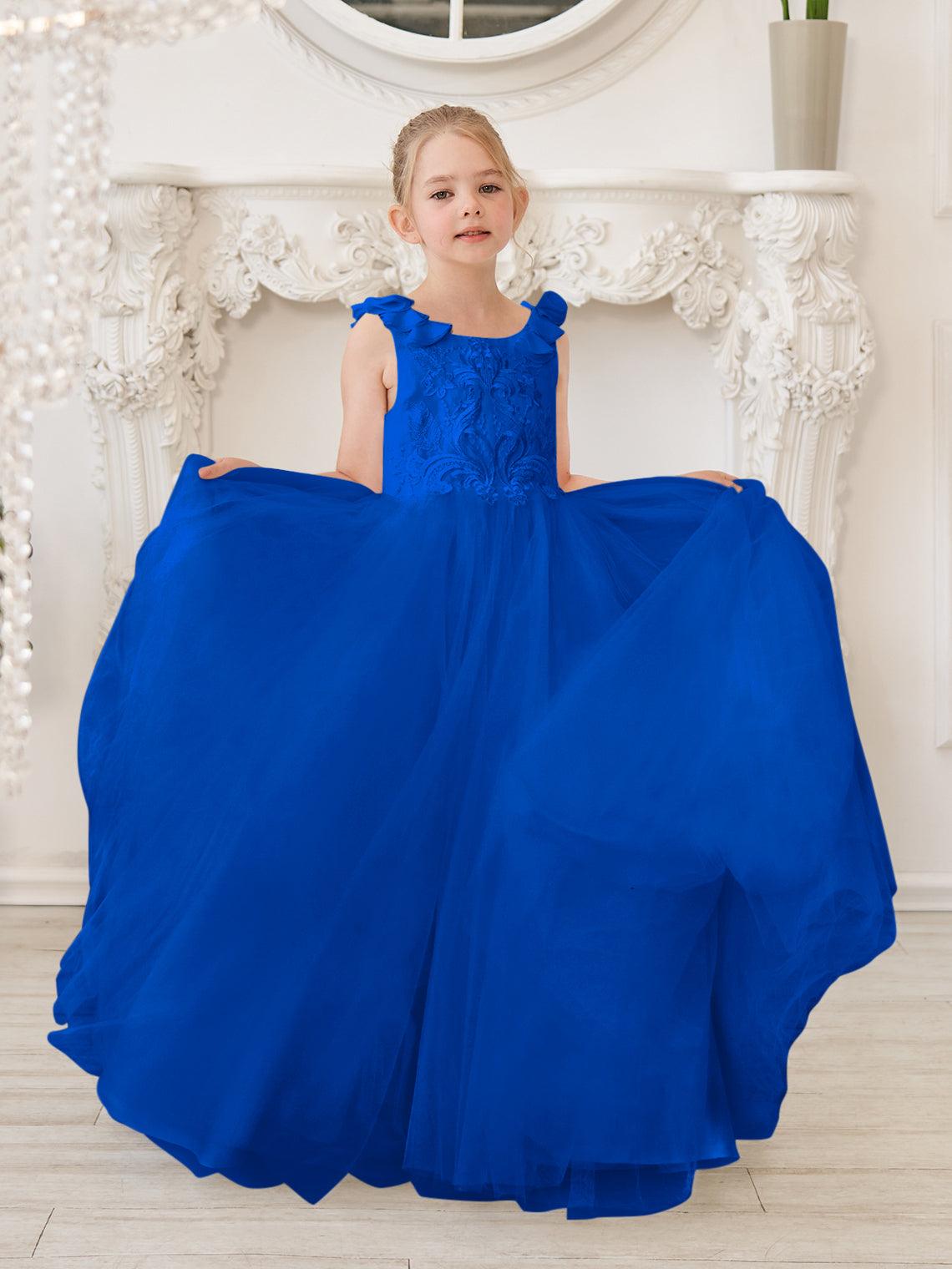 Elegant White Tulle Flower Girl Applique Lace Dress With Sweep Train