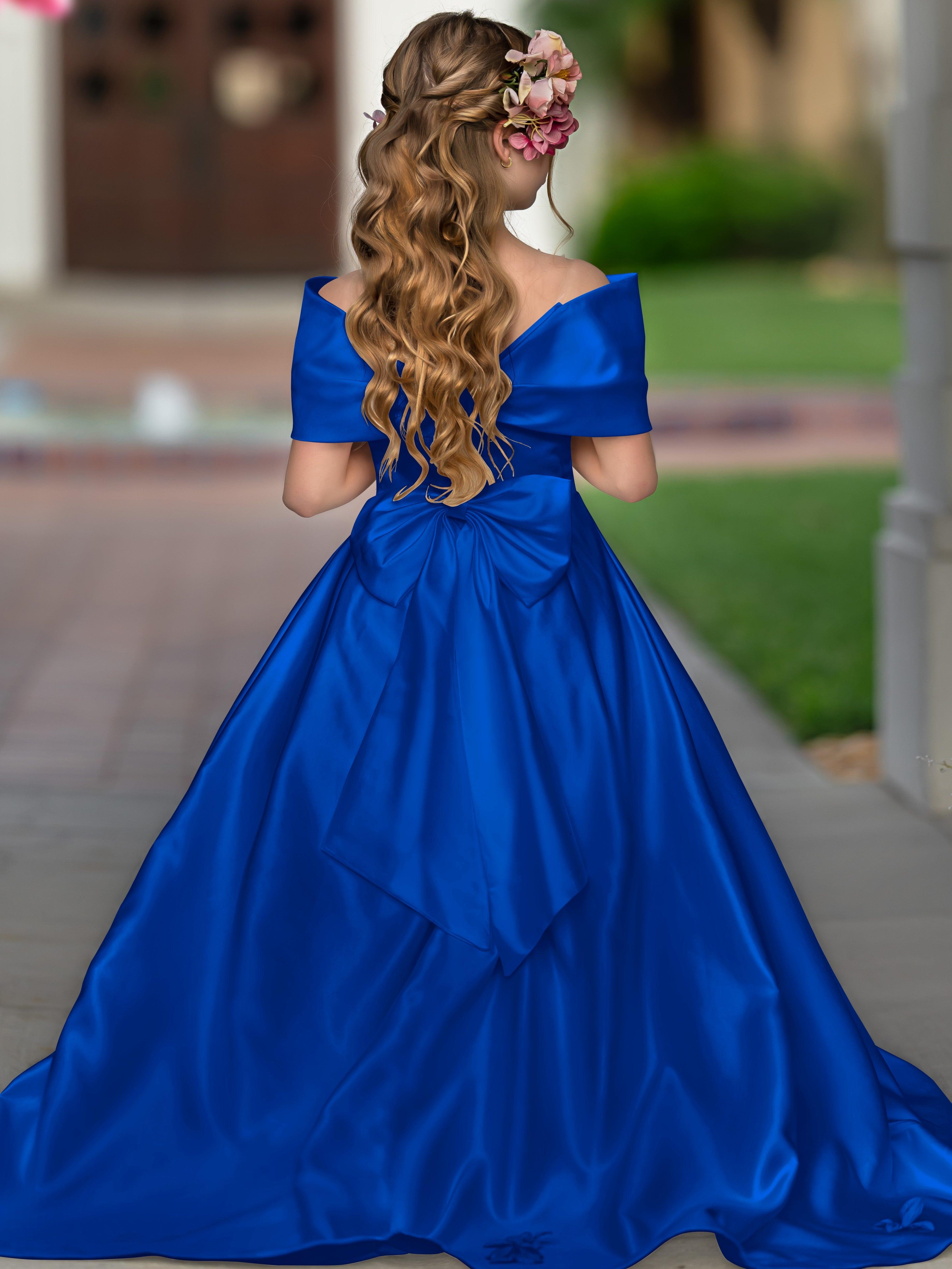 Ivory Satin Flower Girl Princess Ball Gown With Sweep Train And Bow Trim