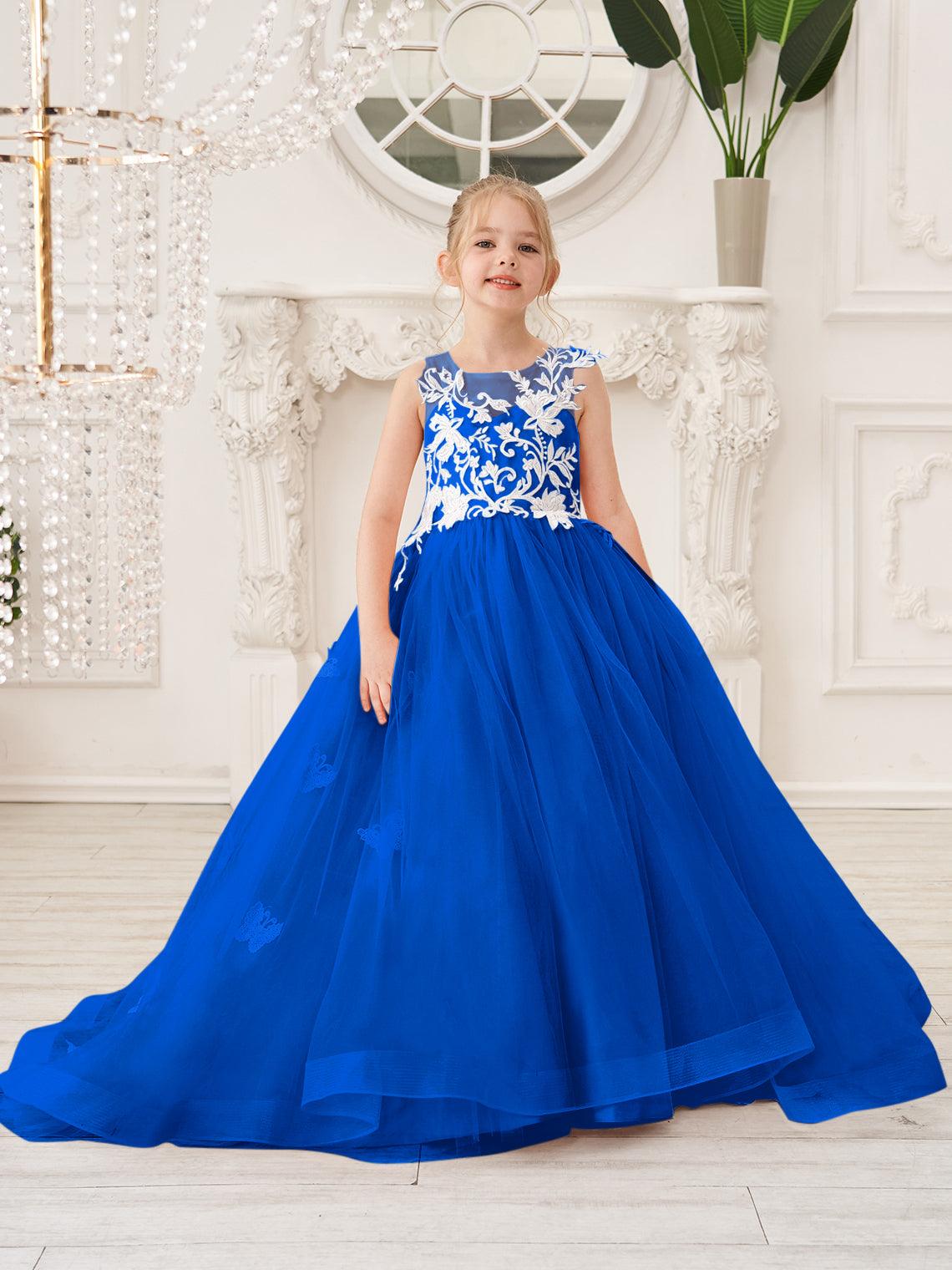 Elegant Sleeveless Tulle Flower Girl Dress With Applique Lace And Sweep Train