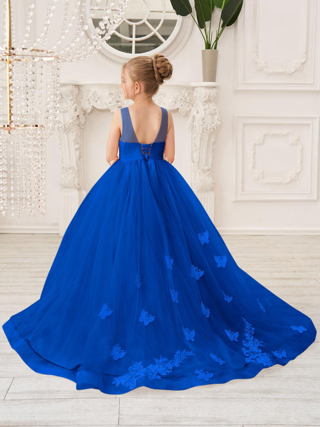 Elegant Sleeveless Tulle Flower Girl Dress With Applique Lace And Sweep Train