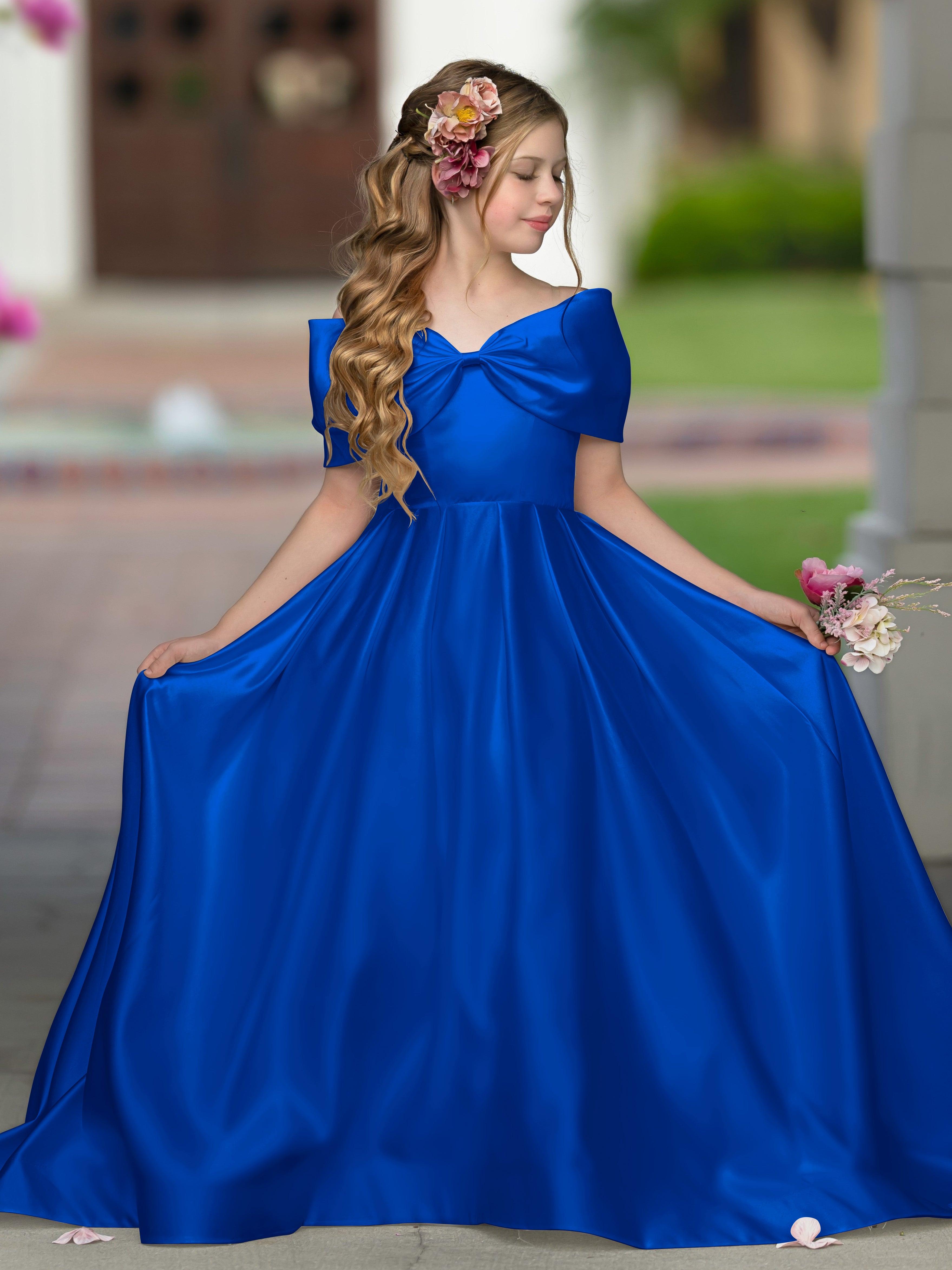 Ivory Satin Flower Girl Princess Ball Gown With Sweep Train And Bow Trim