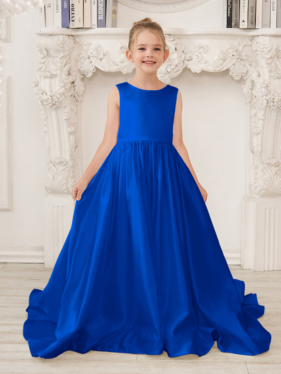 Robe de demoiselle d'honneur en satin sans manches de princesse coupe A avec traîne et nœud 