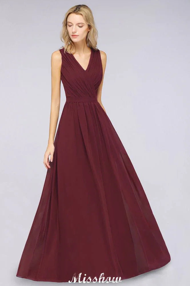 Abito da damigella d'onore a linea svasata lungo fino al pavimento in chiffon con pizzo e scollo a V da sera