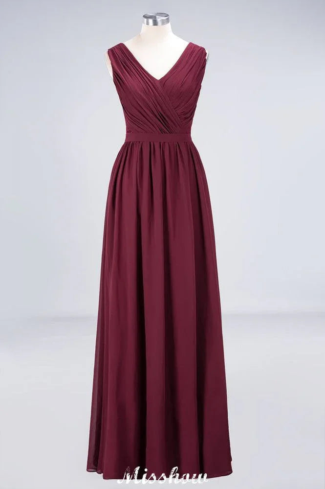 Abito da damigella d'onore a linea svasata lungo fino al pavimento in chiffon con pizzo e scollo a V da sera