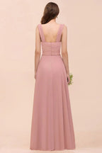 Vestido comprido de dama de honor para raparigas, cor rosa empoeirada, com alças franzidas e corte em linha A