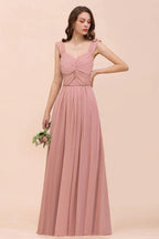 Vestido comprido de dama de honor para raparigas, cor rosa empoeirada, com alças franzidas e corte em linha A
