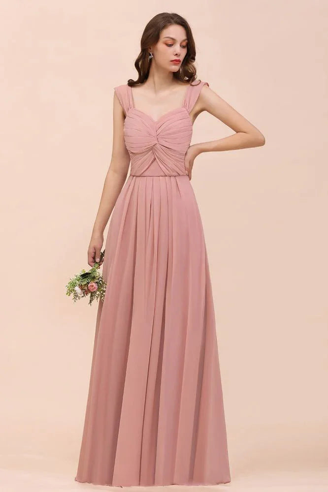 Vestido comprido de dama de honor para raparigas, cor rosa empoeirada, com alças franzidas e corte em linha A