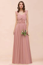 Vestido comprido de dama de honor para raparigas, cor rosa empoeirada, com alças franzidas e corte em linha A