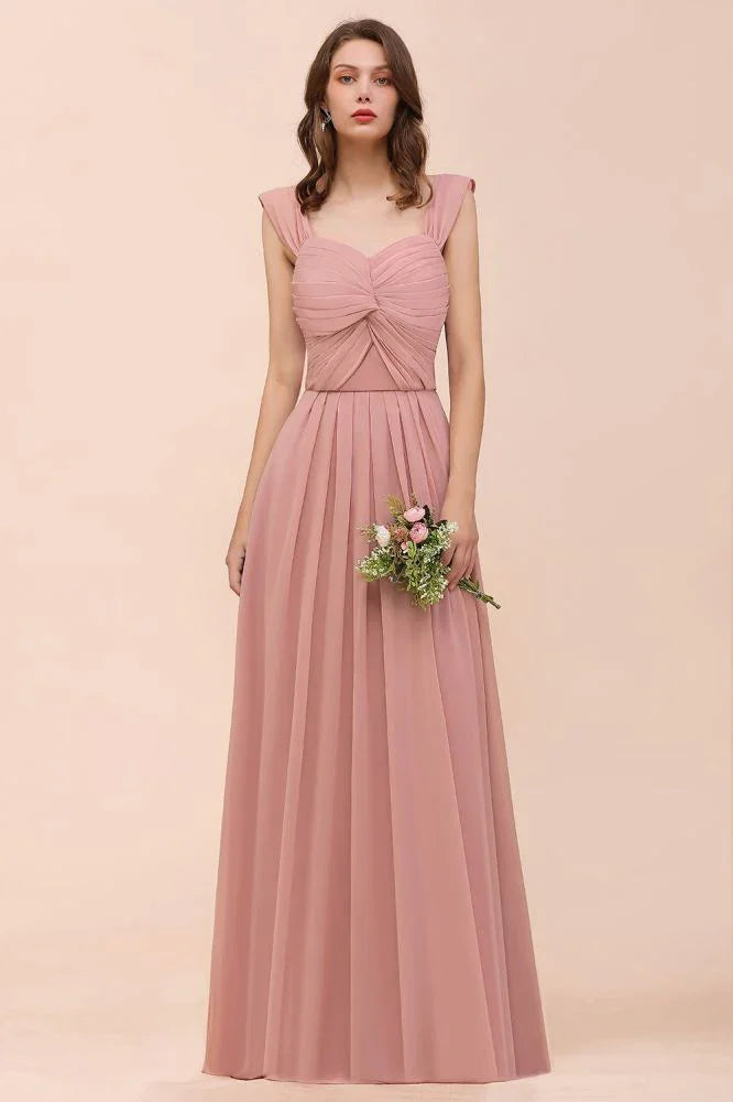 Vestido comprido de dama de honor para raparigas, cor rosa empoeirada, com alças franzidas e corte em linha A