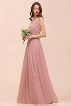 Vestido comprido de dama de honor para raparigas, cor rosa empoeirada, com alças franzidas e corte em linha A