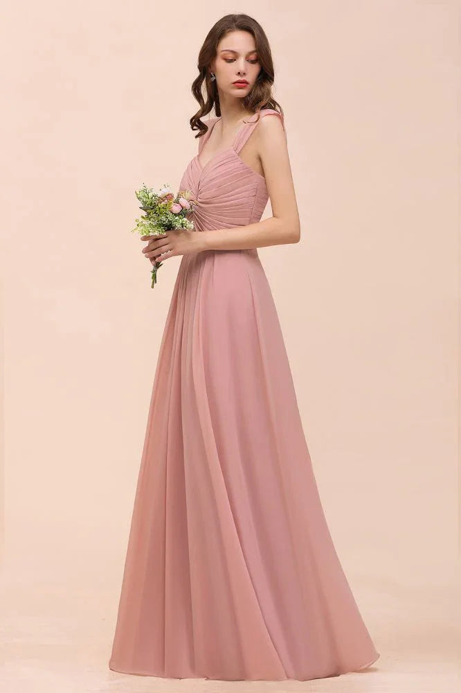 Vestido comprido de dama de honor para raparigas, cor rosa empoeirada, com alças franzidas e corte em linha A
