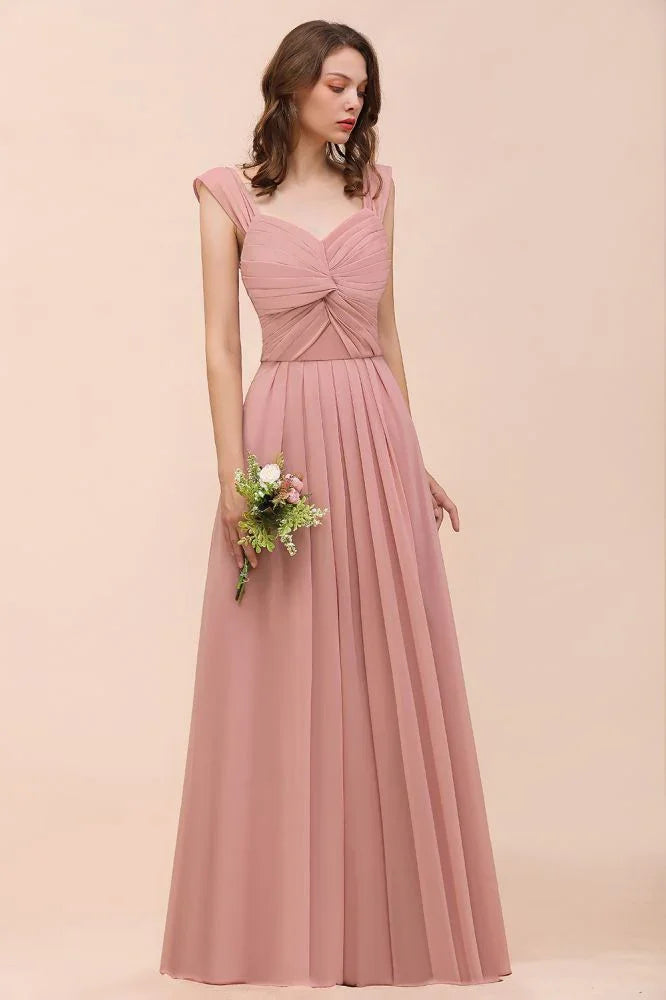 Vestido comprido de dama de honor para raparigas, cor rosa empoeirada, com alças franzidas e corte em linha A