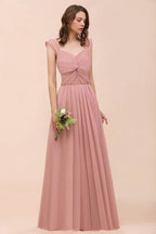 Vestido comprido de dama de honor para raparigas, cor rosa empoeirada, com alças franzidas e corte em linha A