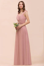 Vestido comprido de dama de honor para raparigas, cor rosa empoeirada, com alças franzidas e corte em linha A