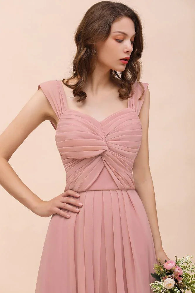 Vestido comprido de dama de honor para raparigas, cor rosa empoeirada, com alças franzidas e corte em linha A