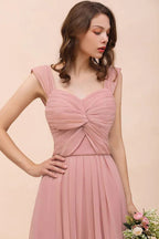 Vestido comprido de dama de honor para raparigas, cor rosa empoeirada, com alças franzidas e corte em linha A