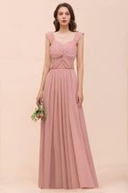 Vestido comprido de dama de honor para raparigas, cor rosa empoeirada, com alças franzidas e corte em linha A