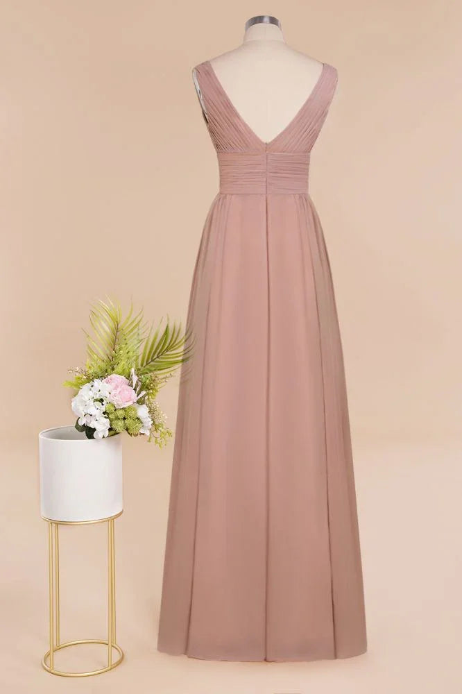 Abiti da damigella d'onore rosa polvere a linea ad A con scollo a V Ruffles | Abiti da sera senza maniche lunghi fino a terra