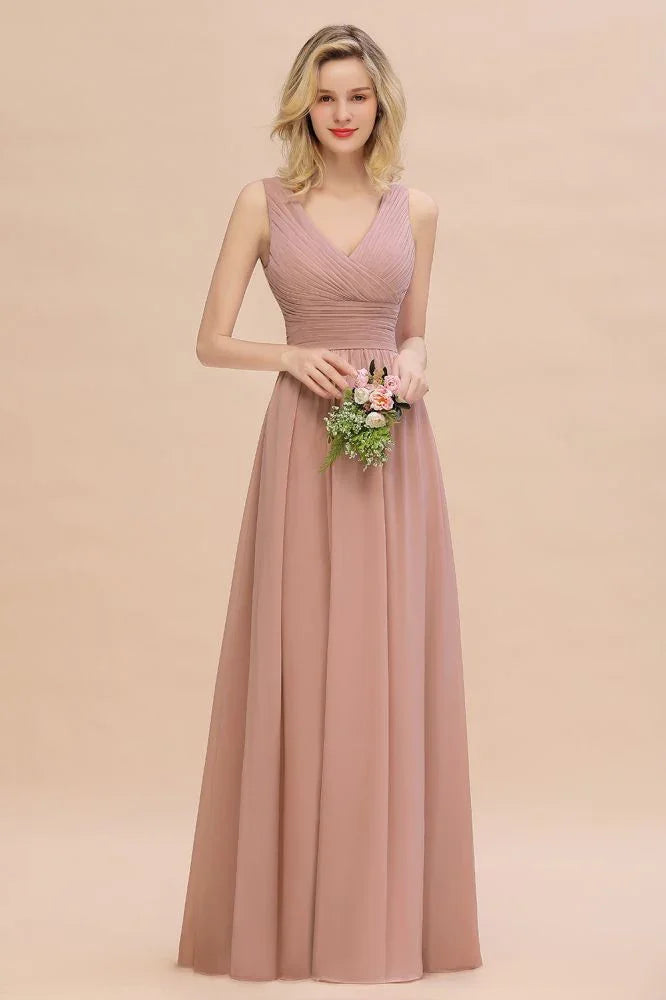 Abiti da damigella d'onore rosa polvere a linea ad A con scollo a V Ruffles | Abiti da sera senza maniche lunghi fino a terra