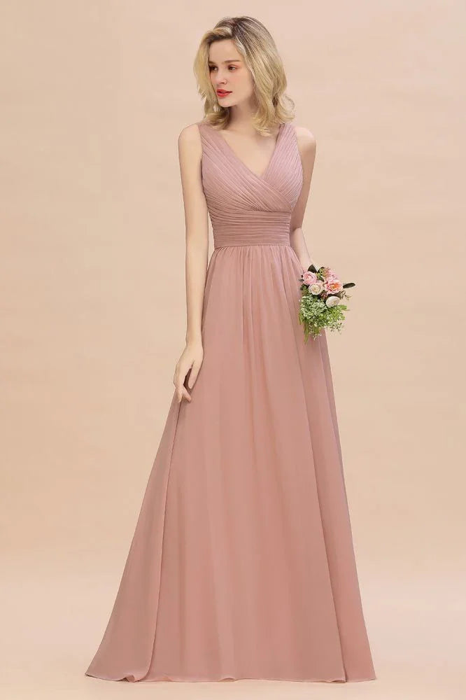 Abiti da damigella d'onore rosa polvere a linea ad A con scollo a V Ruffles | Abiti da sera senza maniche lunghi fino a terra