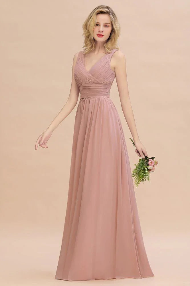 Abiti da damigella d'onore rosa polvere a linea ad A con scollo a V Ruffles | Abiti da sera senza maniche lunghi fino a terra