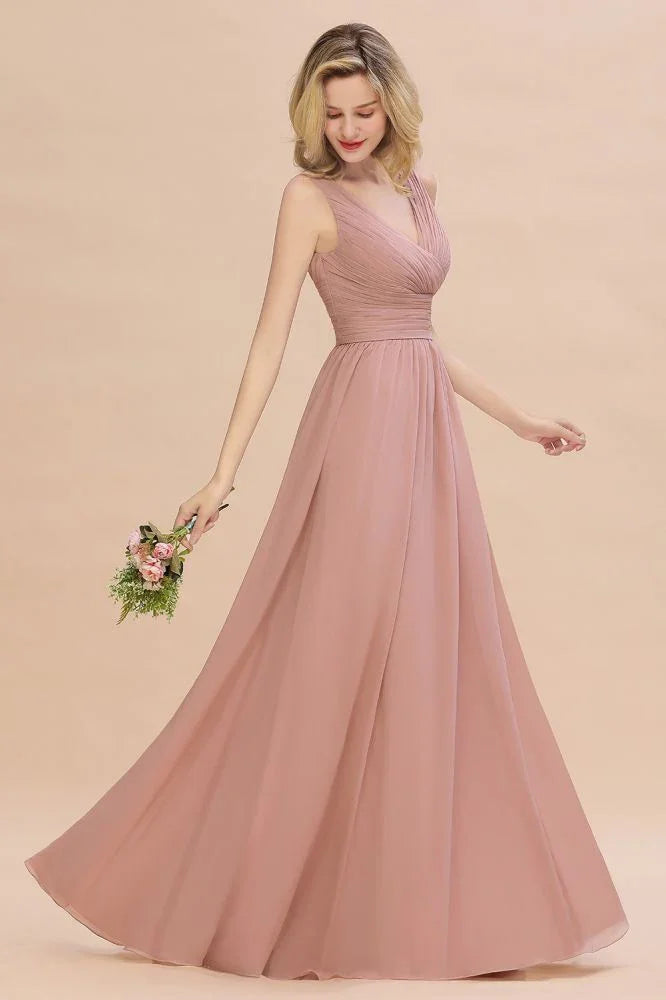 Abiti da damigella d'onore rosa polvere a linea ad A con scollo a V Ruffles | Abiti da sera senza maniche lunghi fino a terra