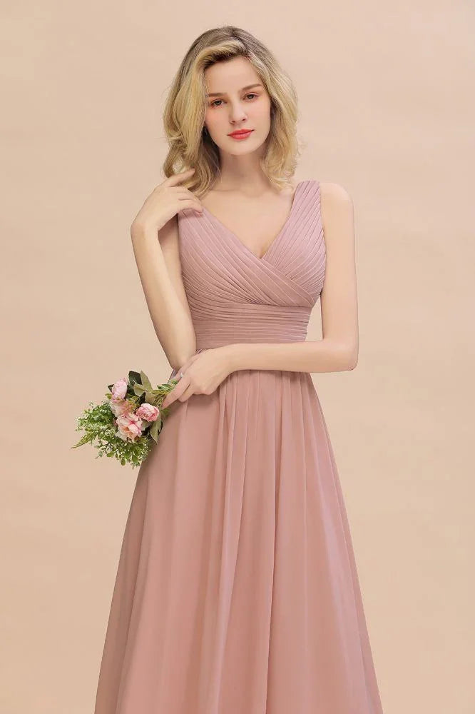Abiti da damigella d'onore rosa polvere a linea ad A con scollo a V Ruffles | Abiti da sera senza maniche lunghi fino a terra