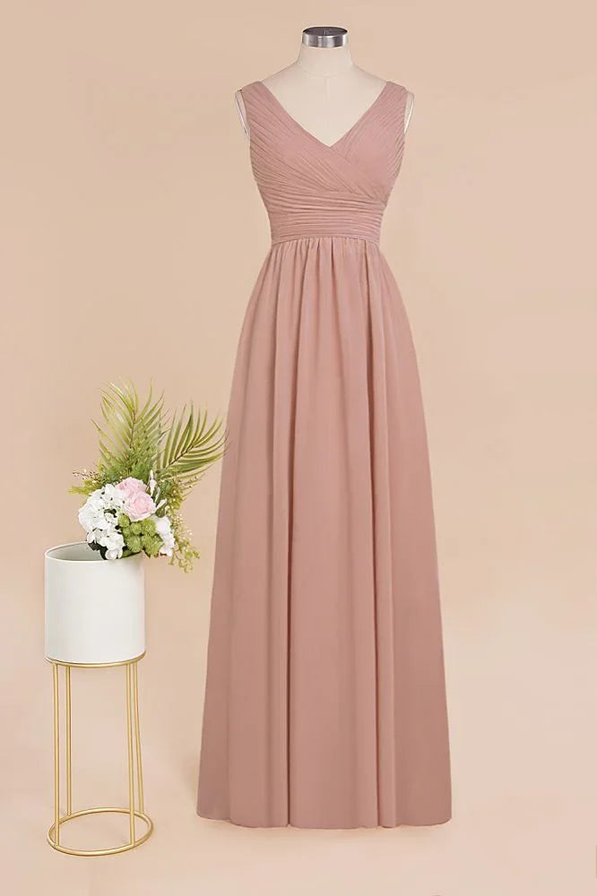 Abiti da damigella d'onore rosa polvere a linea ad A con scollo a V Ruffles | Abiti da sera senza maniche lunghi fino a terra