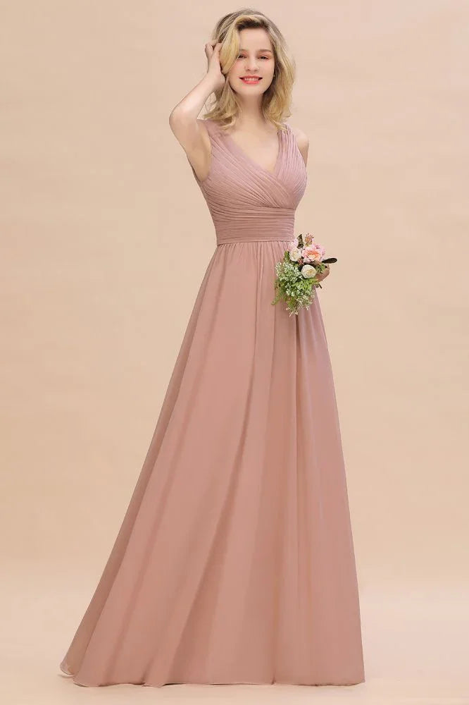 Abiti da damigella d'onore rosa polvere a linea ad A con scollo a V Ruffles | Abiti da sera senza maniche lunghi fino a terra