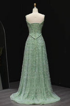 Sage A Line Evening Dress Silver Crystal Beaded Corset Chapel Train