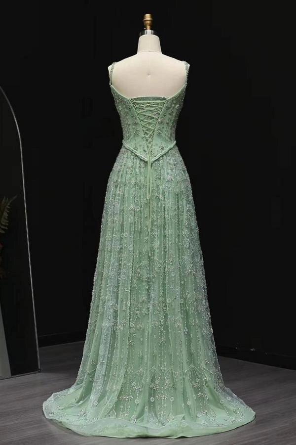 Sage A Line Evening Dress Silver Crystal Beaded Corset Chapel Train