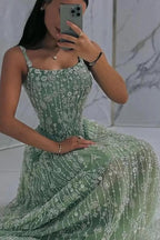 Sage A Line Evening Dress Silver Crystal Beaded Corset Chapel Train
