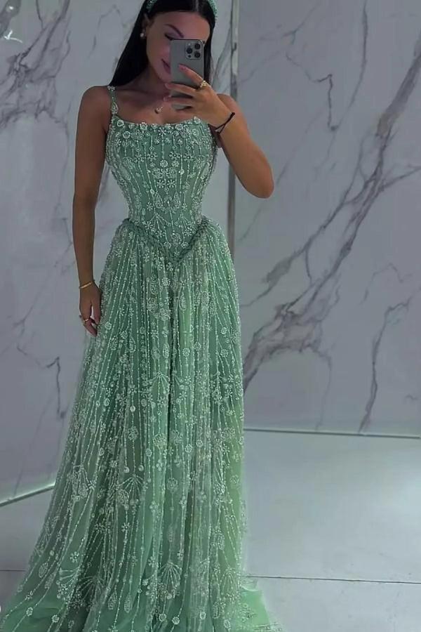 Sage A Line Evening Dress Silver Crystal Beaded Corset Chapel Train