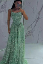 Sage A Line Evening Dress Silver Crystal Beaded Corset Chapel Train