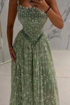 Sage A Line Evening Dress Silver Crystal Beaded Corset Chapel Train