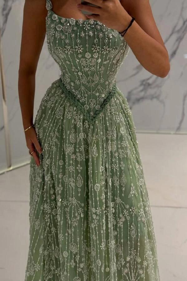 Sage A Line Evening Dress Silver Crystal Beaded Corset Chapel Train